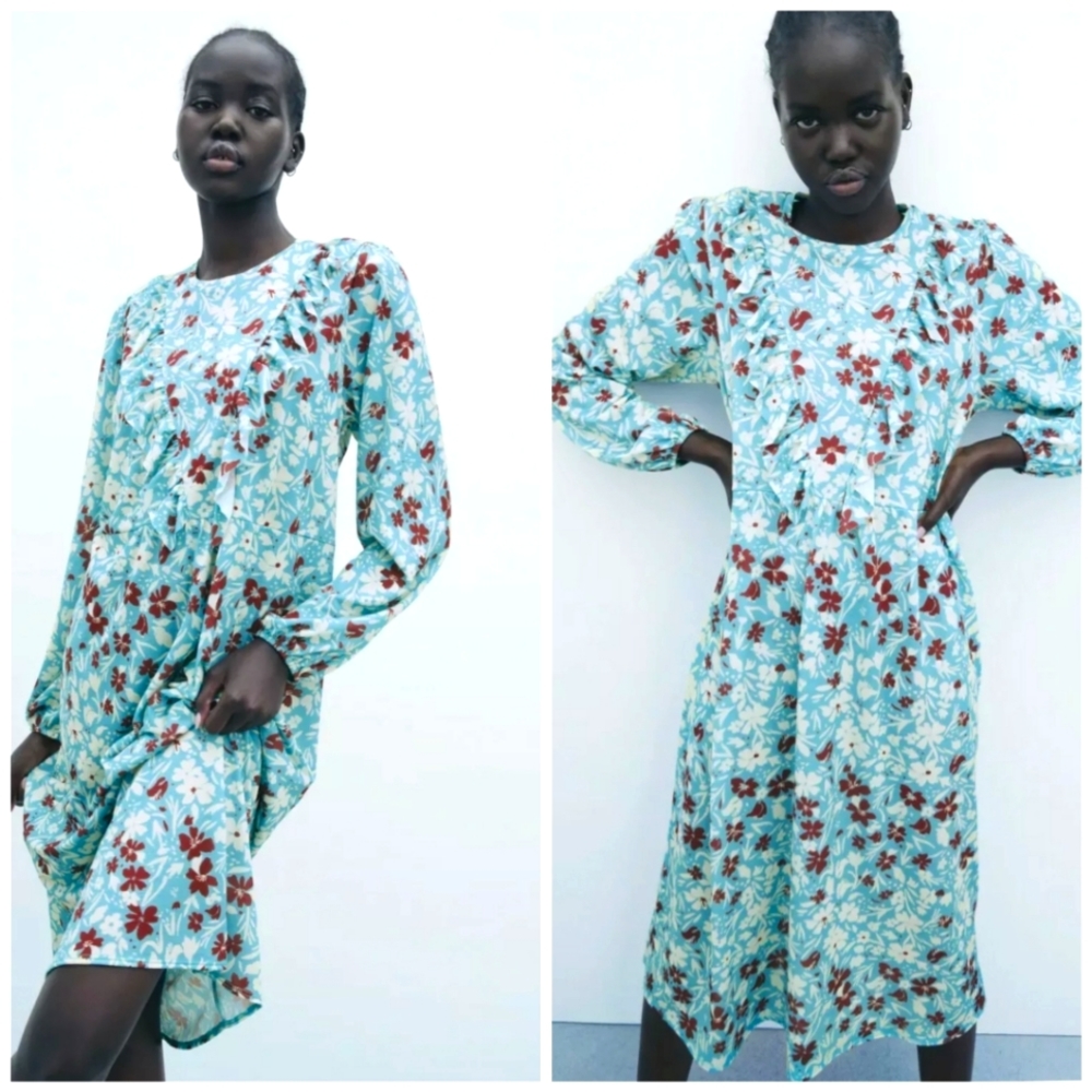 NWT ZARA WOMAN MIDI FLORAL DRESS WITH RUFFLES SIZE S SS21 1165/015. Brand new